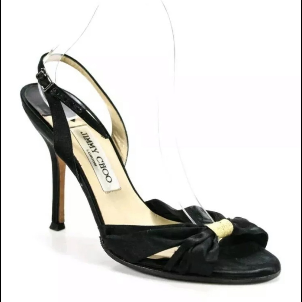Jimmy Choo Black Satin Slingback Stiletto Heels Gold Accent Open Toe Pumps EU 40
